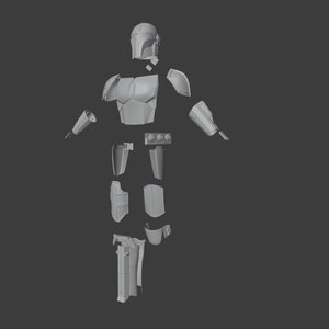 May include: A 3D printed model of a Mandalorian armor set, disassembled and ready for printing. The armor includes the helmet, chest plate, shoulder pads, gauntlets, and leg pieces.