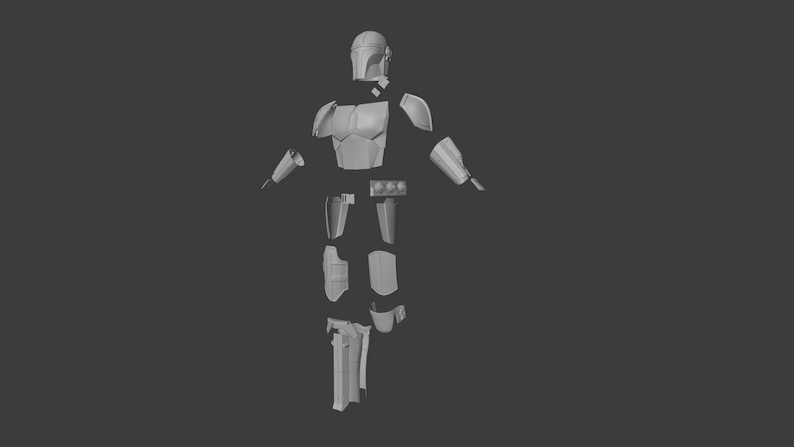 May include: A 3D printed model of a Mandalorian armor set, disassembled and ready for printing. The armor includes the helmet, chest plate, shoulder pads, gauntlets, and leg pieces.