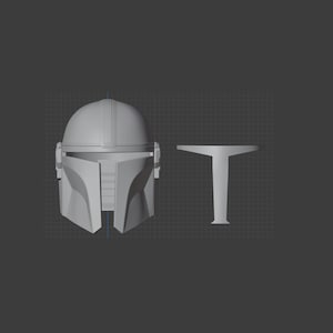 May include: A 3D printed model of a Mandalorian helmet with a separate stand. The helmet is white and has a detailed design.