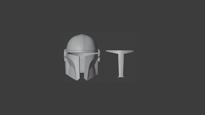 May include: A 3D printed model of a Mandalorian helmet with a separate stand. The helmet is white and has a detailed design.