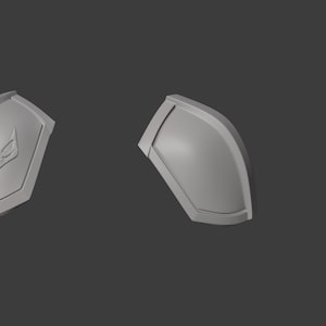 May include: A pair of gray plastic shoulder pads with a raised design. One shoulder pad has a stylized creature design.