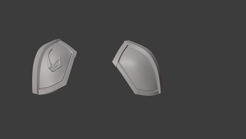 May include: A pair of gray plastic shoulder pads with a raised design. One shoulder pad has a stylized creature design.