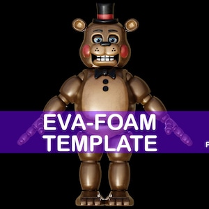 May include: A golden-brown character figure with a black top hat and bow tie. The figure has a wide smile and is standing in front of a purple banner that reads "EVA-FOAM TEMPLATE". The banner also includes the text "Pepakura Cosplay Template" and "PDO and PDF Included".