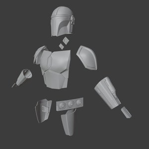 May include: A 3D printed model of a Mandalorian helmet and armor, disassembled into separate pieces. The helmet is a classic design with a T-shaped visor. The armor is detailed and includes shoulder pads, chest plate, and leg pieces.