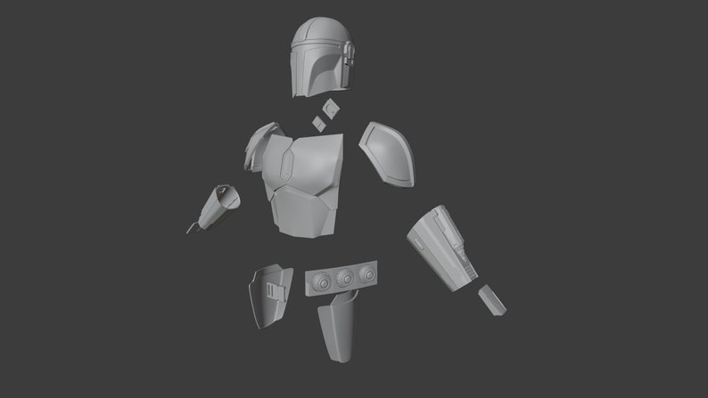 May include: A 3D printed model of a Mandalorian helmet and armor, disassembled into separate pieces. The helmet is a classic design with a T-shaped visor. The armor is detailed and includes shoulder pads, chest plate, and leg pieces.