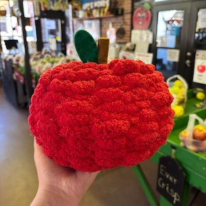 May include: A large, plush, red apple with a green leaf and brown stem. The apple is made of a textured, knitted material. The apple is being held in a person's hand. The background is a grocery store.