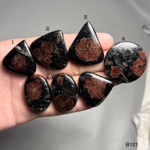 Peut inclure: Collection de sept pierres précieuses noires polies avec des inclusions brun rougeâtre. Les pierres ont des formes variées, dont des triangles, des ovales et un cercle. Les pierres sont tenues dans une main, avec le texte "B121" visible en bas à droite.