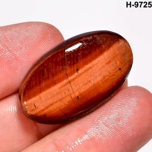 May include: An oval-shaped, polished gemstone in shades of reddish-brown, exhibiting a chatoyant effect. The stone's surface is smooth and glossy, with visible banding and inclusions. The text "H-9725" is visible in the upper right corner.