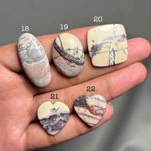 May include: Five polished gemstones in various shapes: oval, square, and heart. The stones feature a cream-colored base with intricate patterns in gray, brown, and pink. Each stone is numbered for identification.