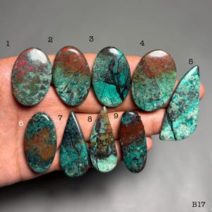 Puede incluir: Colección de nueve piedras preciosas pulidas de diversas formas, incluyendo óvalos y lágrimas. Las piedras muestran una mezcla de tonos turquesa, rojo y marrón con patrones de vetas únicos. La imagen incluye el texto "B17".
