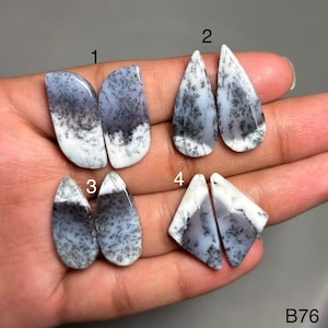 Puede incluir: Cuatro pares de cabujones de ópalo dendrítico de varias formas: dos semicirculares, dos en forma de lágrima y dos en forma de diamante. Las piedras presentan una base blanca con inclusiones dendríticas grises y negras. Los cabujones se muestran en una mano.