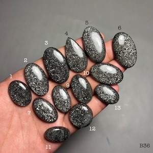 May include: A collection of polished black gemstones with shimmering gold flecks, held in a hand. The stones vary in shape, including ovals, teardrops, and a round stone. The gemstones are numbered for identification.