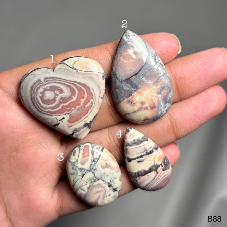 May include: Four polished gemstones in various shapes: a heart, a teardrop, and two oval or teardrop shapes. The stones display a mix of colors, including cream, brown, and gray, with unique patterns and veining. The gemstones are held in a hand.