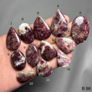 May include: A selection of polished gemstones in diverse shapes, such as teardrop and oval. The stones exhibit a blend of deep red, pink, and white colours, with some appearing translucent. The gemstones are held in a hand against a grey background.