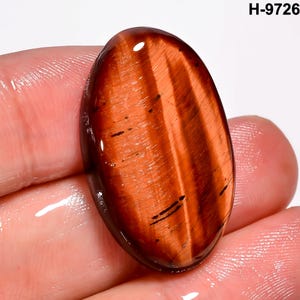 May include: An oval gemstone, polished to a high sheen, displaying a reddish-brown hue with a striped design. The stone features dark brown and black inclusions. The text "H-9726" is visible in the top right corner.