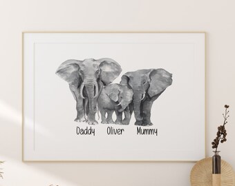 Elephant Family 3 Name PrintNew Baby Shower Mom Dad GiftUnframed 1A-2B