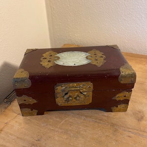 Vintage Asian Chinoiserie Jewelry or Trinket Wood Box with Brass Hardware | Small Size