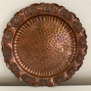 Vintage Gregorian Style Decorative Copper Hanging Plate with Ruffled Scallop Edge & Floral Design | Wear and Patina Present