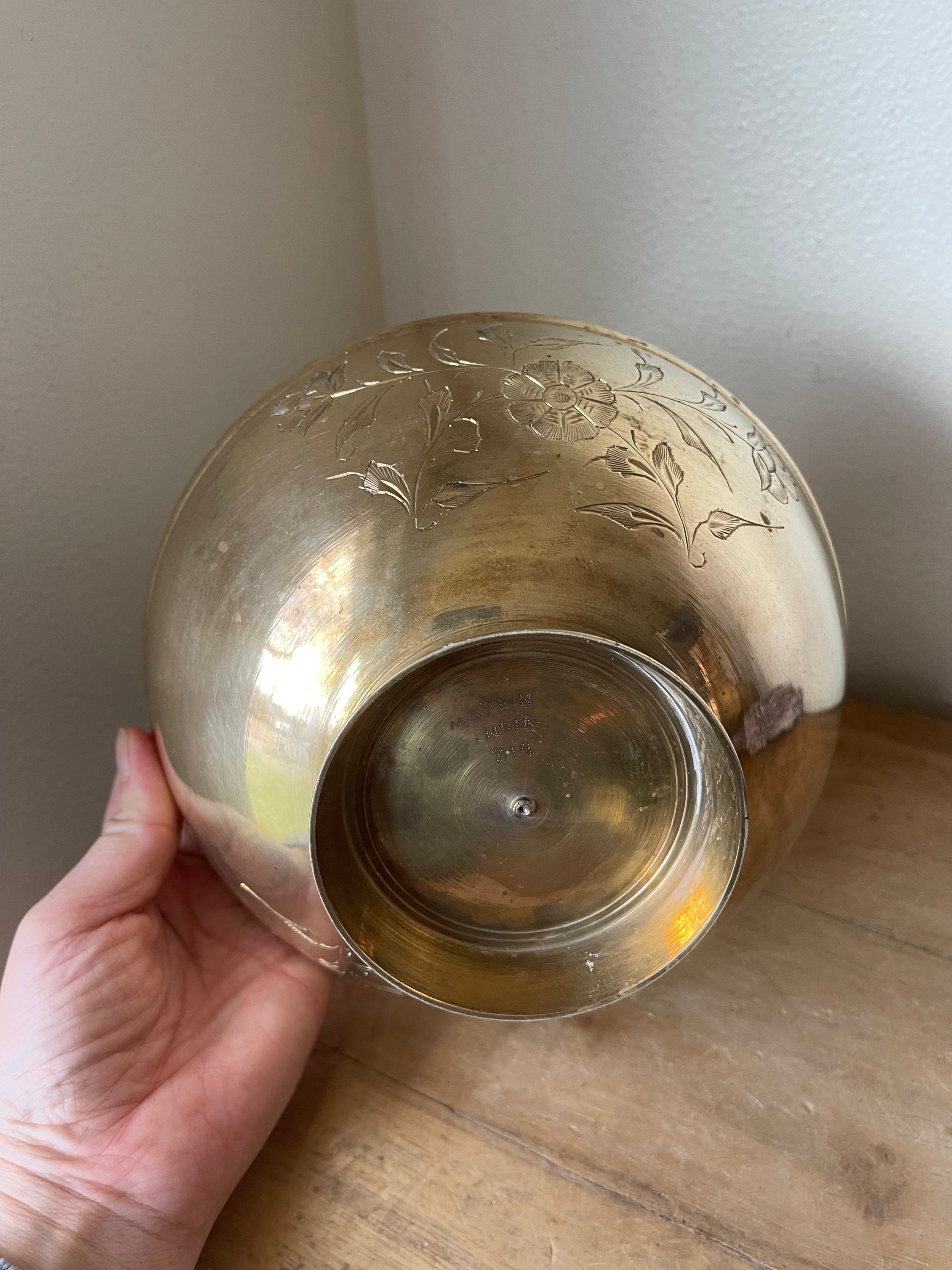 Vintage Boho Etched Floral Brass Bowl Dish on Pedestal Medium Size Etsy