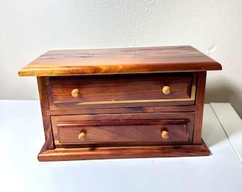 Small Vintage Handmade Aromatic Cedar Wood 2-Drawer Box For Trinkets or Jewelry