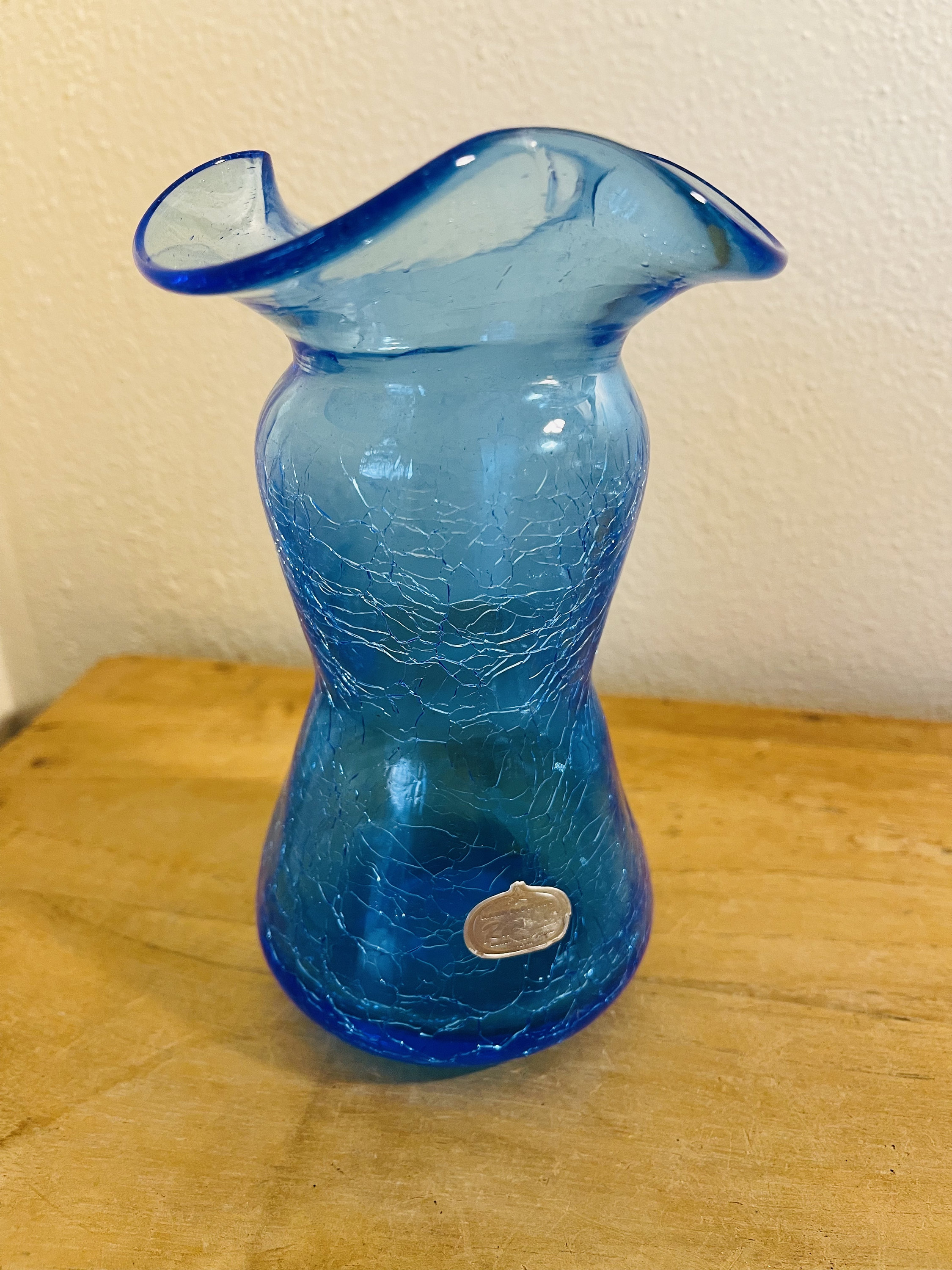 Vintage Azure Blue Crackle Art Pilgrim Glass Vertical Rib Ribbed Clear  Handle Hand Mouth Blown Small Glass Mini Pitcher Urn 