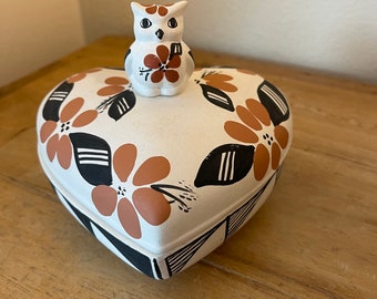 Vintage Acoma Native Pottery Heart Box with Owl Artist Signed M. Chino | Unique & Rare