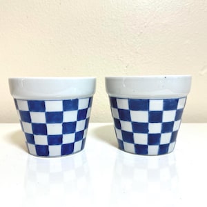 May include: Two small, matching ceramic pots. The pots have a white rim and a blue and white checkered pattern on the body. The pots are sitting on a white surface.