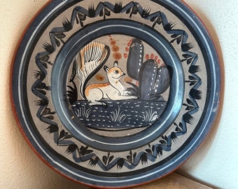 Vintage Mexican Tonala Burnished Pottery Plate Animal & Nature Design | Size 10"