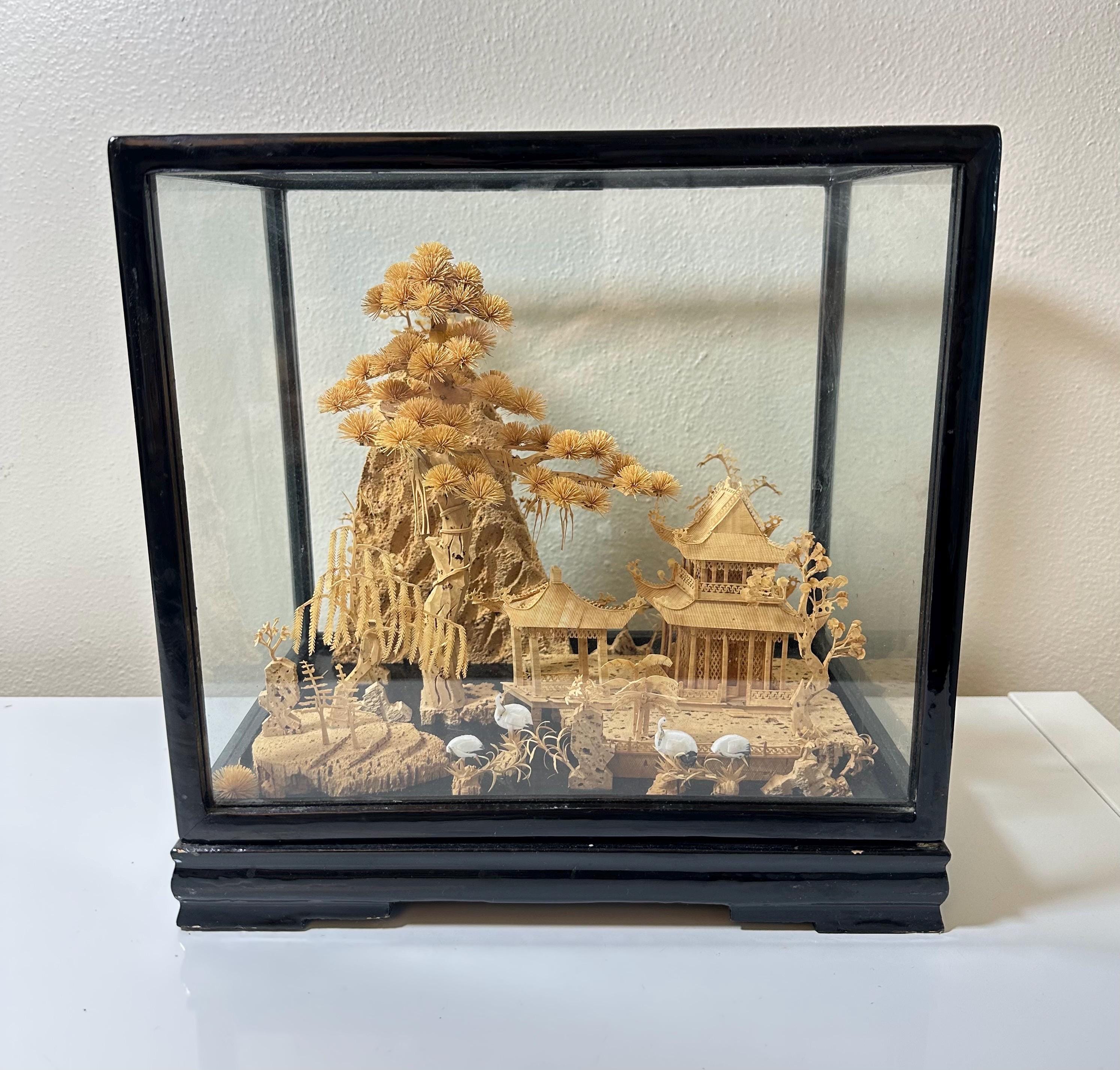 Vintage Antique Chinoiserie Chinese Handmade Cork Diorama in Black