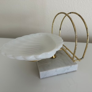 Vintage Art Deco Style Soap Dish Milk Glass Shell, Brass, & Marble Design