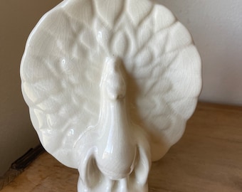 Vintage White USA Pottery Wall Vase Holder with Peacock Design