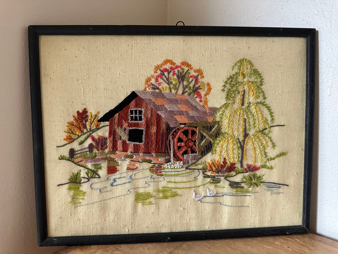 Vintage Crewel Needlework Embroidery Art Farm Nature Scenery Etsy