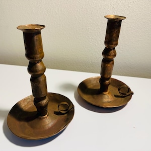 Vintage Antique Hammered Copper Chamber Style Candlestick Holders | Rustic with Patina | Set of 2