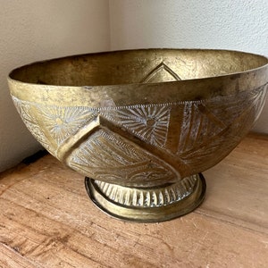 Vintage Brass Pedestal Bowl with Etched Design