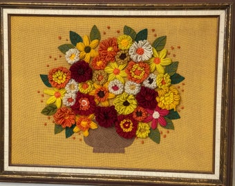 Vintage MCM Mid Century Crewel Needlework Embroidery Art in Floral Basket Design | Large Size