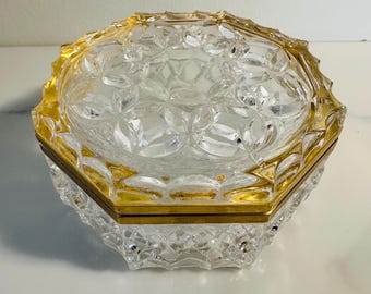 Vintage Bleikristall Crystal Trinket Box with Brass Cut Diamond Pattern
