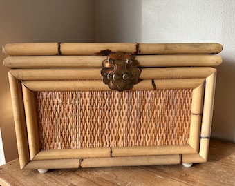 Vintage McGuire Style Rattan Bamboo Storage Trunk, Woven Wicker Chest Brass Hardware