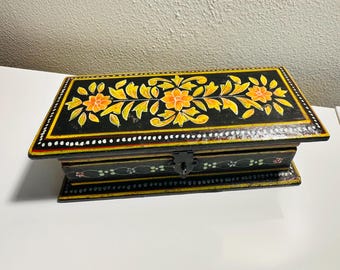Vintage Artist Hand Painted Wood Trinket Box with Floral Design