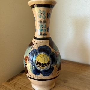 Vintage Tonala Mexican Pottery Vase Floral Design