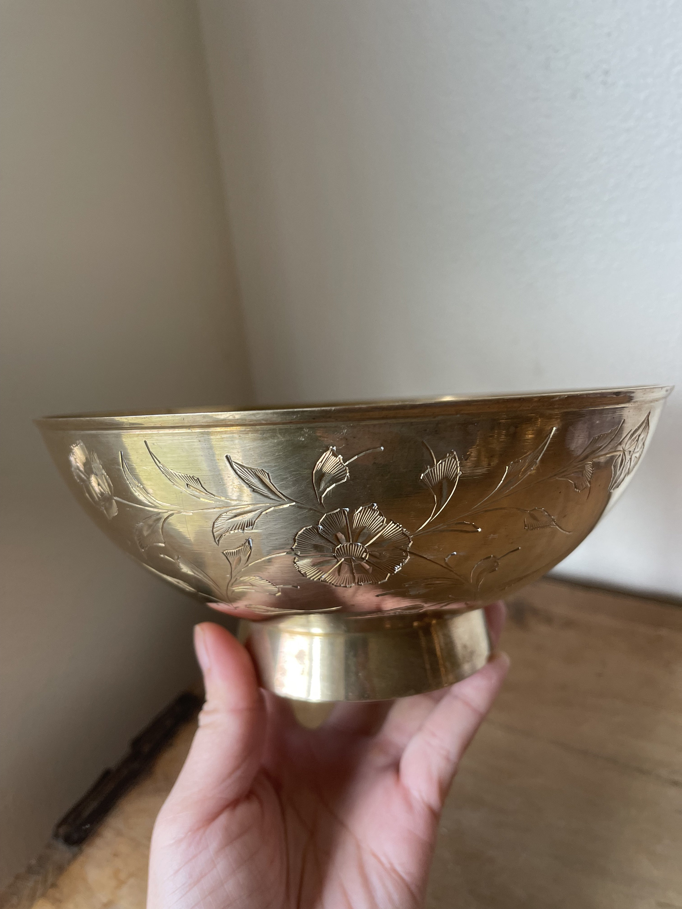 Vintage Boho Etched Floral Brass Bowl Dish on Pedestal Medium Size Etsy