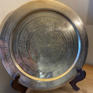 Vintage Boho Brass Tray or Plate with Etched Leaf Floral Design | 12&quot;