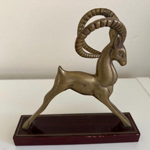Vintage MCM Mid Century Brass Ibex Gazelle Figurines on Wood Base
