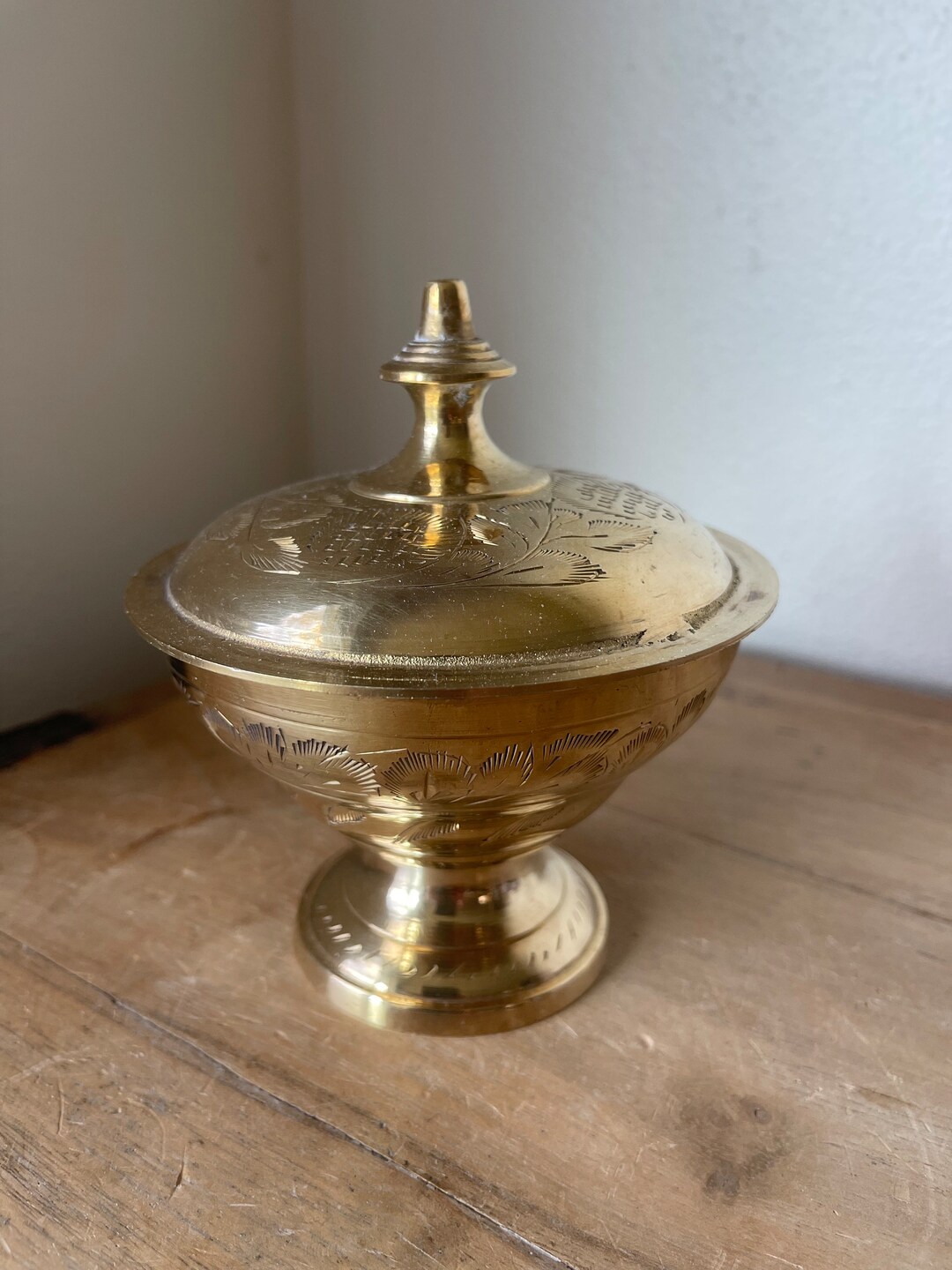 Vintage Boho Etched Brass Pedestal Bowl With Lid Etsy