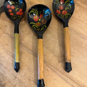 Vintage Russian Khokhloma Hand Painted Wood Lacquerware Serving Spoons | Set of 3