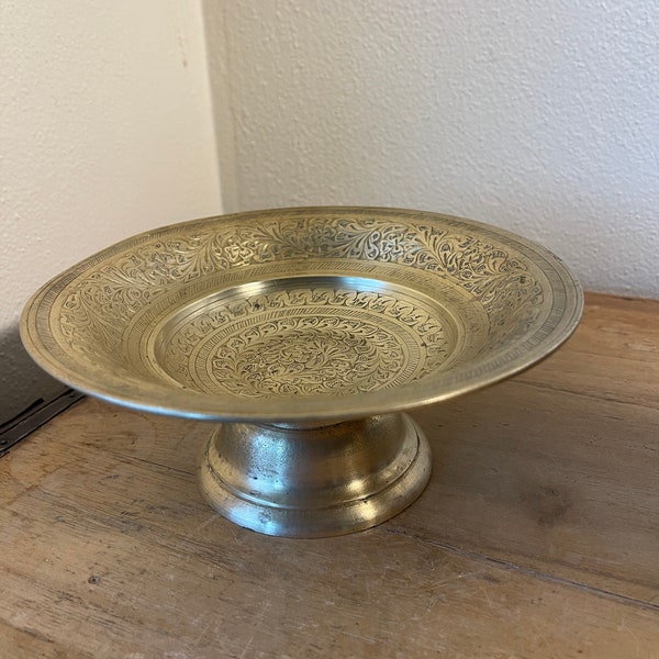 Vintage Boho Ornate Brass Pedestal Bowl with Engraved Floral & Leaf Design