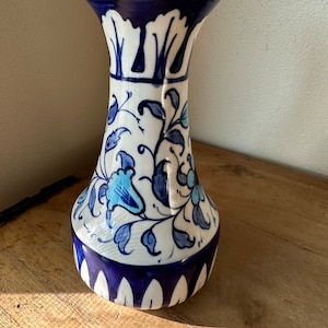 Vintage Boho Hand Painted Pottery Vase Blue Floral Design