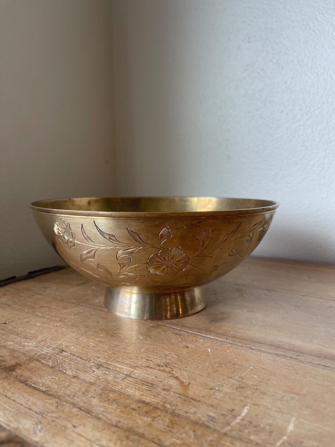 Vintage Boho Etched Floral Brass Bowl Dish on Pedestal Medium Size Etsy