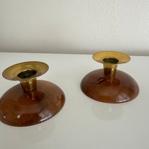 Vintage Myrtle Wood & Brass Candlestick Holders | MCM Mid Century Style