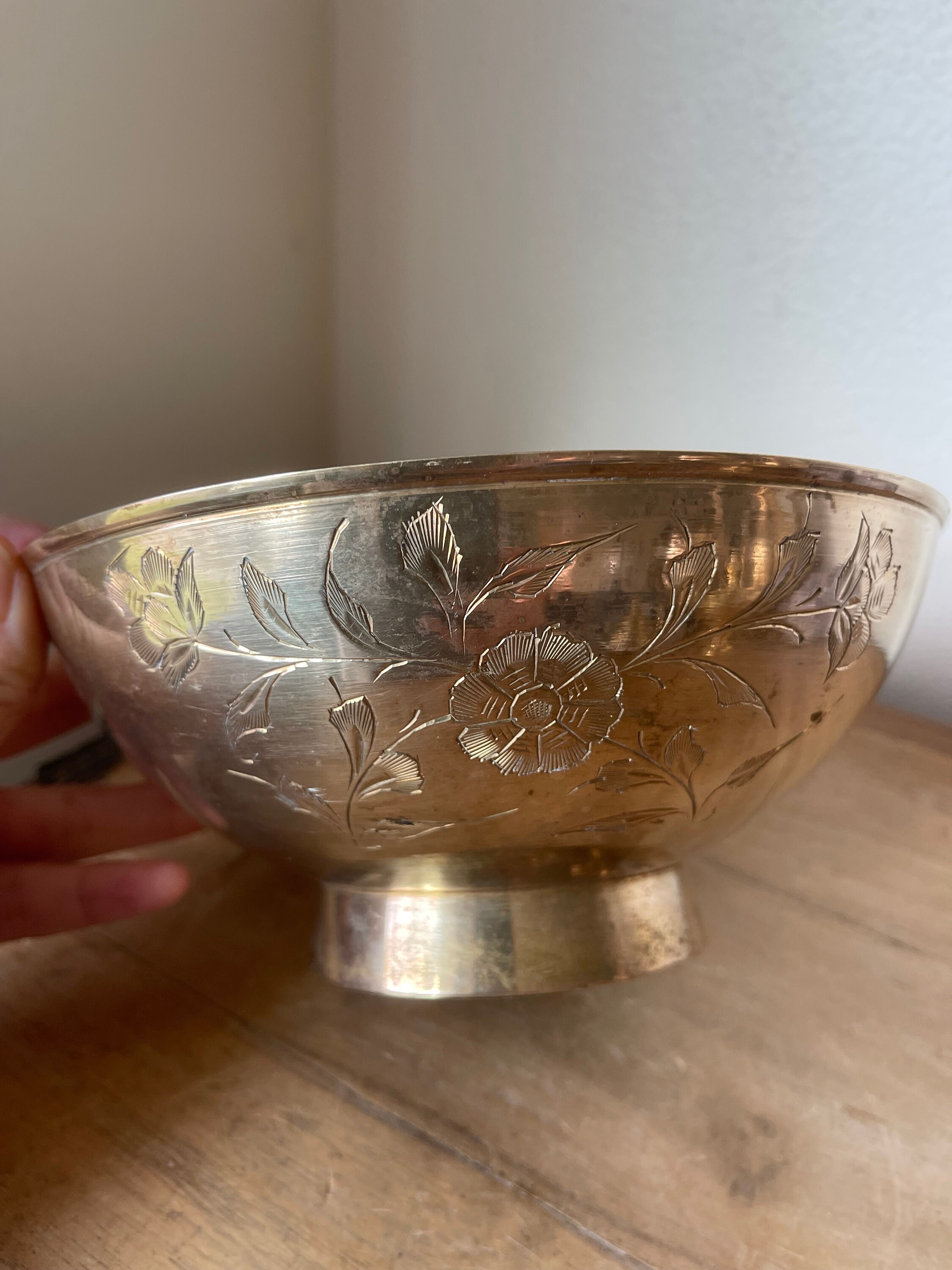 Vintage Boho Etched Floral Brass Bowl Dish on Pedestal Medium Size Etsy