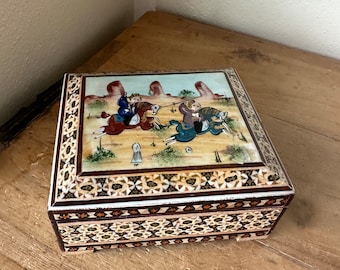 Vintage Khatam Kari Wood Mosaic Box: Middle Eastern Trinket Jewelry Box